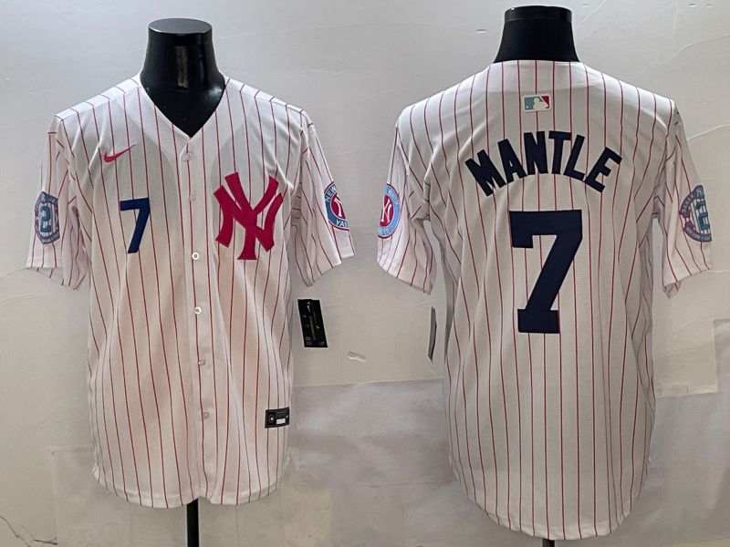 Men New York Yankees 7 Mantle White Stripe Jointly Name Nike 2025 MLB Jersey style 3